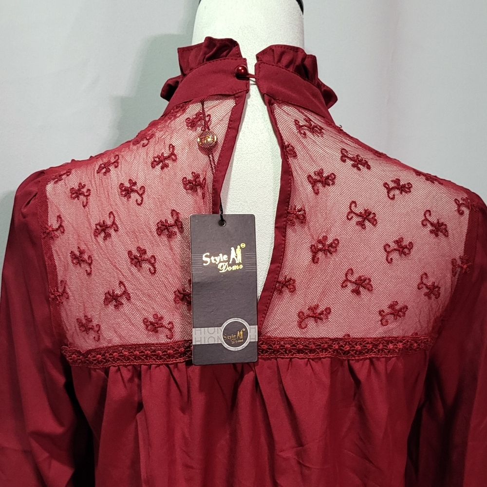 StyleDome Women's NWT Red Lacc High Neck Long Sleeve Ruffle Blouse Size Small 🐈 - Picture 10 of 11